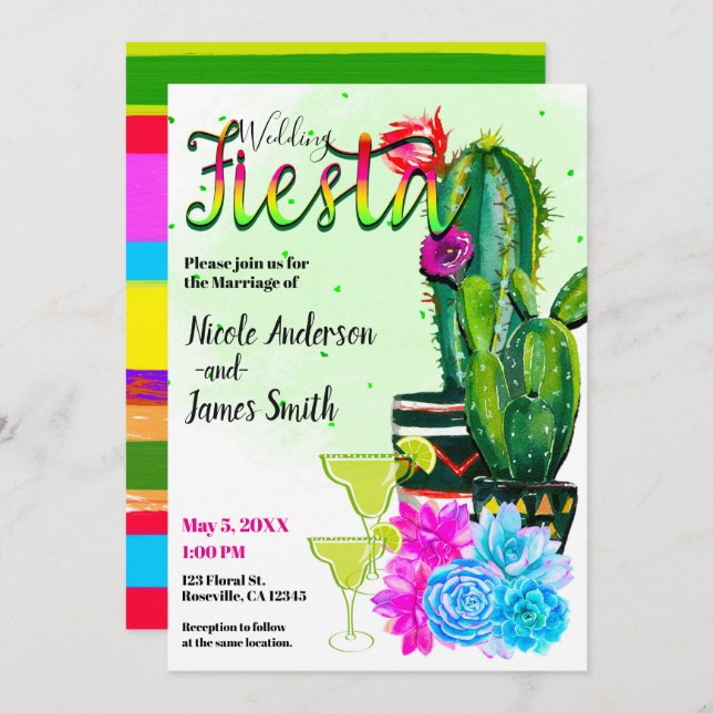 Bright Stripes Cactus & Succulents FIESTA WEDD Einladung (Vorne/Hinten)