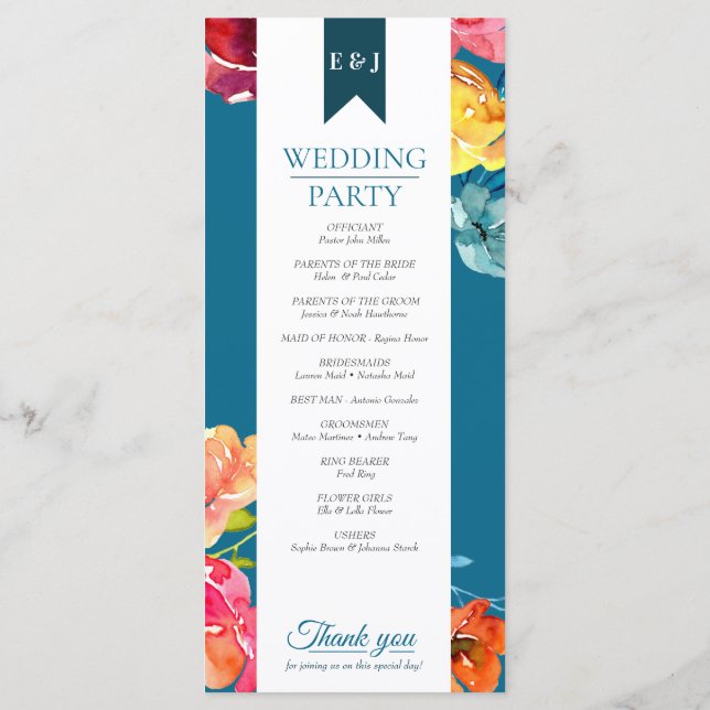 Bright Summer farbenfroh Petroleum Wedding Program Programm (Rückseite)