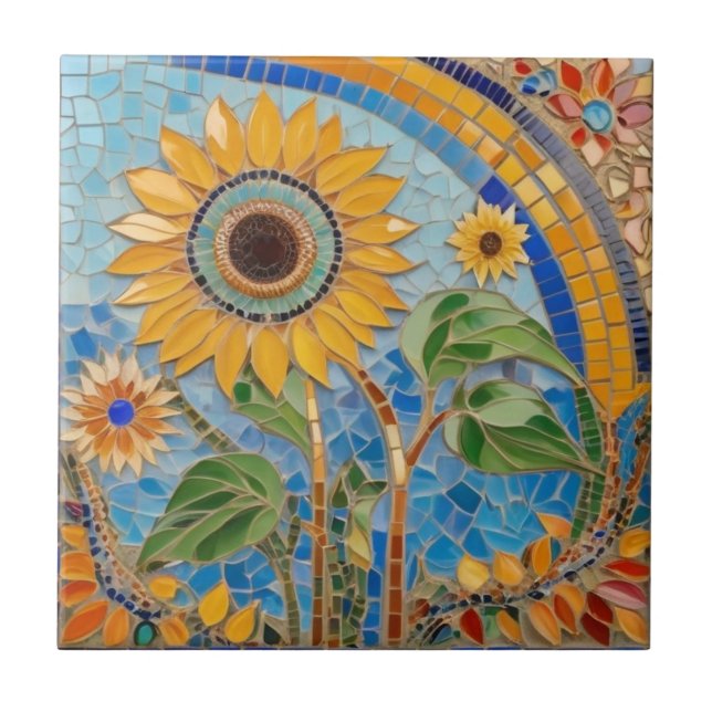 Bright Summery Sonnenblumen Imitats Mosaic Sky Blu Fliese (Vorderseite)
