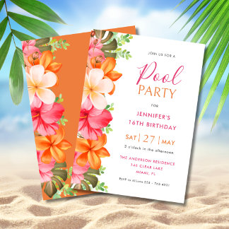 Bright Tropical Floral Birthday Pool Party  Einladung
