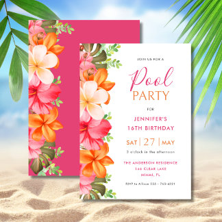 Bright Tropical Floral Birthday Pool Party Pink Einladung