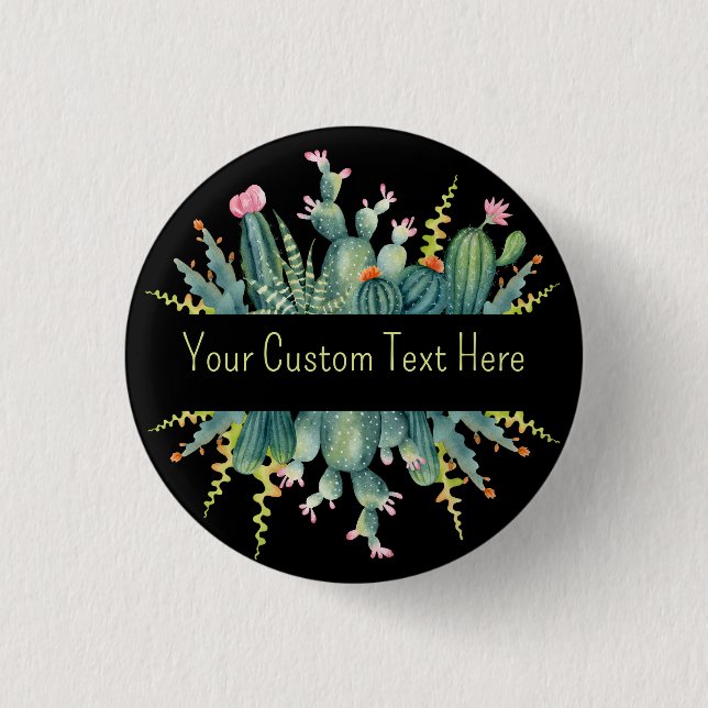 Bright Watercolor Sukkulent Cactus Custom Text Ke Button (Vorderseite)