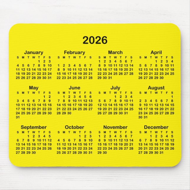 Bright Yellow and Black 2026 Calendar Mousepad (Vorne)