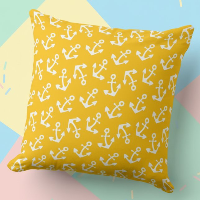 Bright Yellow and White Anchors Nautical Cotton Kissen (Bright yellow and white anchor pillow.)