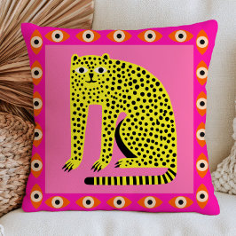 Bright Yellow Cheetah on Pink Evil Eyes Funky Kissen