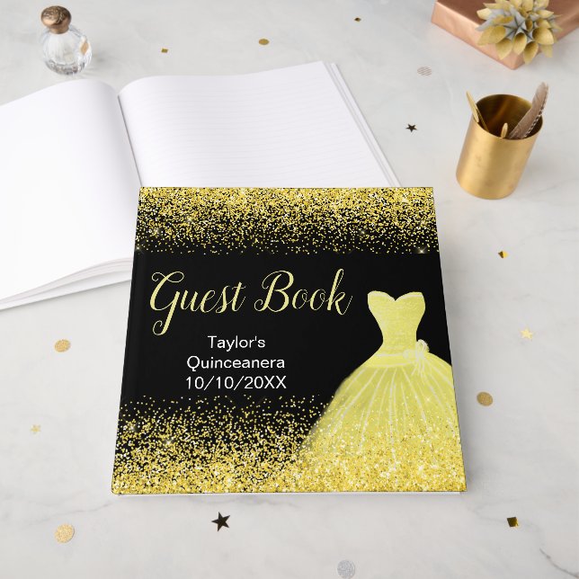 Bright Yellow Dress Faux Glitter Quinceanera Gästebuch (Vorderseite offen)