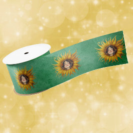 Bright Yellow Fancy Sunflowers Girls Face Green Satinband