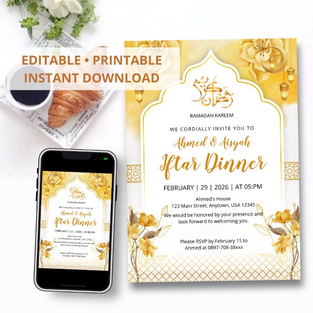 Bright Yellow Floral & Gold Arch Ramadan Iftar Inv Einladung (Von Creator hochgeladen)