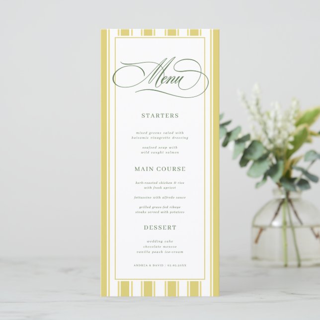Bright Yellow Green Zesty Stripes Classic Wedding Menükarte (Stehend Vorderseite)