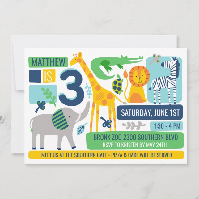 Bright Zoo Jungle Animals Birthday Invitation Einladung (Vorderseite)