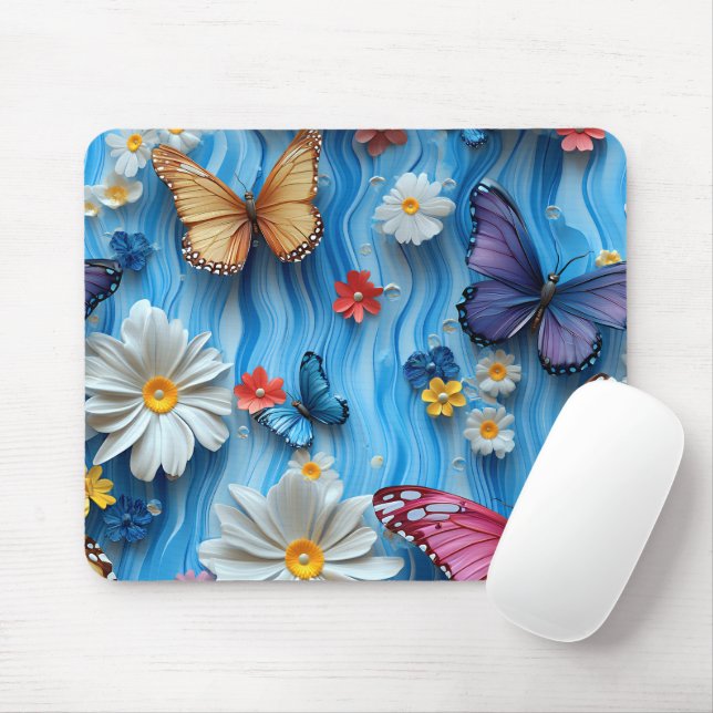 BRIGHTLY COLORED FLOWERS AND BUTTERFLIES MOUSEPAD (Mit Mouse)