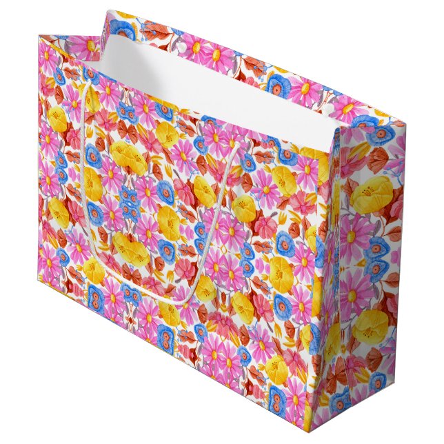 Brightly colored gift bag with a floral design  große geschenktüte (Vorderseite Schrägansicht)