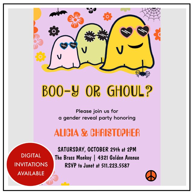 Brille oder Ghoul Retro Ghost Halloween Gender Ent Einladung (Booy-or-Ghoul-Retro-Ghost-Halloween-Gender-reveal-Invitation-1)
