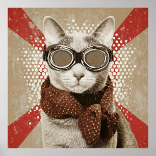 Brille tragende Katzenschal Retro-Flagge-Porträt Poster