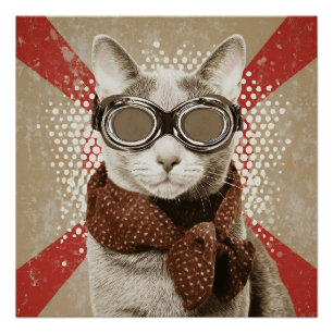 Brille tragende Katzenschal Retro-Flagge-Porträt Poster