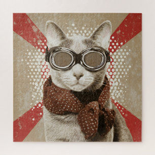 Brille tragende Katzenschal Retro-Flagge-Porträt Puzzle