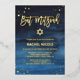 Brilliant Blau und Gold Bat Mitzvah Folieneinladung