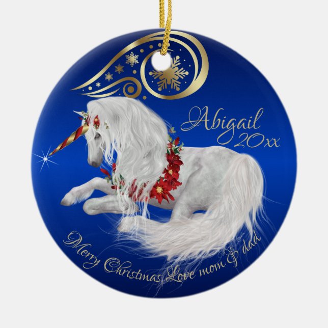 Brilliant Blue Christmas Unicorn Gold Akzent Freud Keramik Ornament (Vorne)