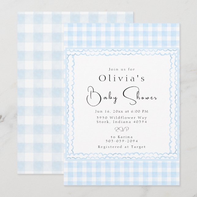 Brilliant Blue Gingham Baby Dusche Einladung (Vorne/Hinten)