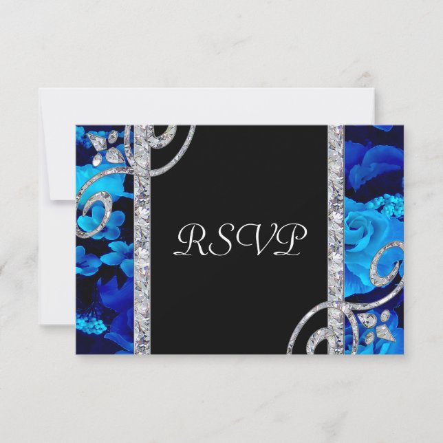 Brilliant Blue Rose & Diamond Wirbel Hochzeit RSVP Karte (Vorderseite)
