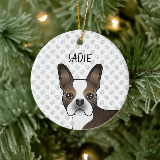 Brindle Boston Terrier Dog Head & Individuelle Nam Keramik Ornament (Baum)