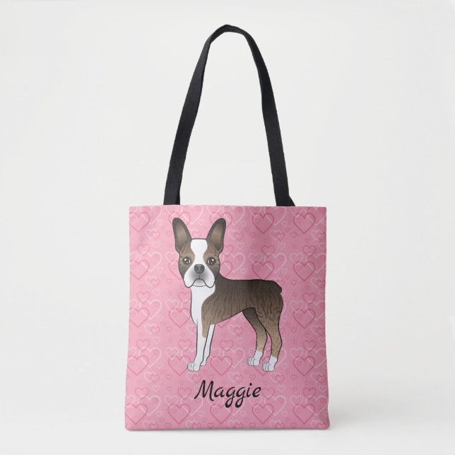 Brindle Boston Terrier Dog On Pink Hearts (Vorderseite)