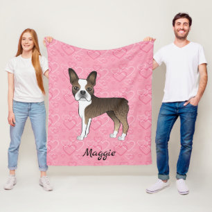Brindle Boston Terrier Hund auf rosa Herzen und Na Fleecedecke