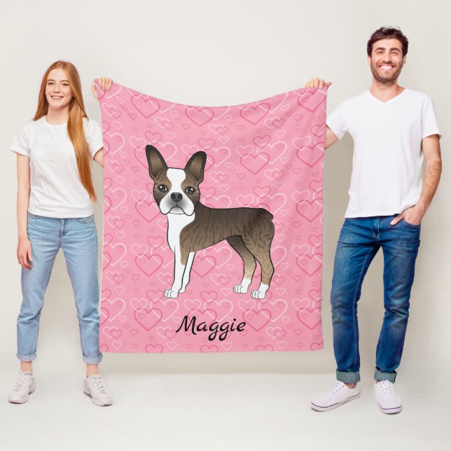 Brindle Boston Terrier Hund auf rosa Herzen und Na Fleecedecke (Beispiel)