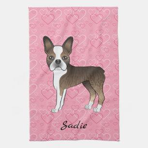 Brindle Boston Terrier Hund auf rosa Herzen und Na Geschirrtuch