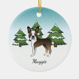 Brindle Boston Terrier in einem Winterwald & Name Keramik Ornament