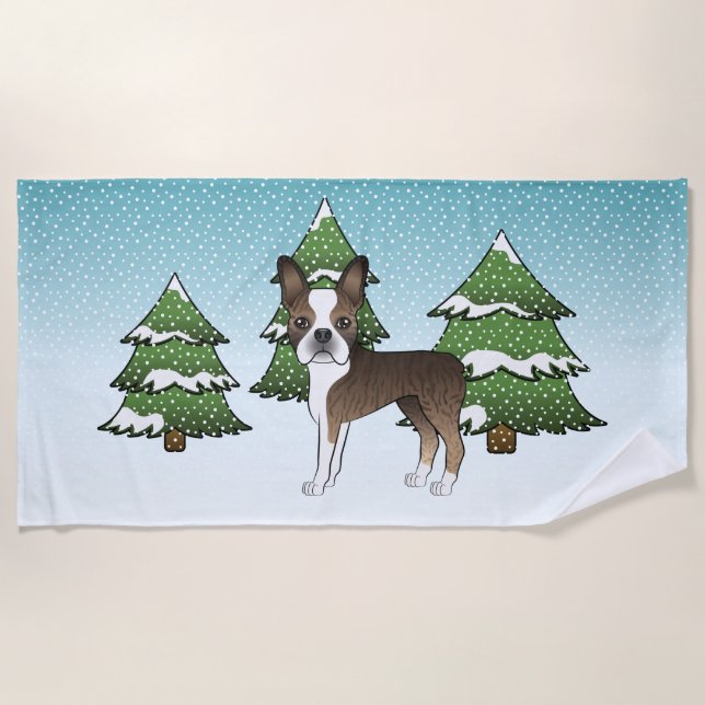 Brindle Boston Terrier in einem Winterwald Strandtuch (Vorderseite)