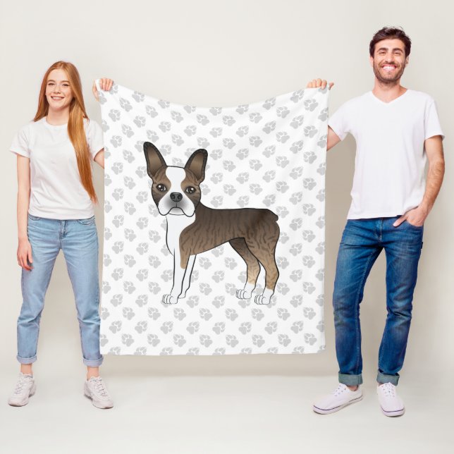 Brindle Boston Terrier Niedlich Cartoon Dog & Paws Fleecedecke (Beispiel)