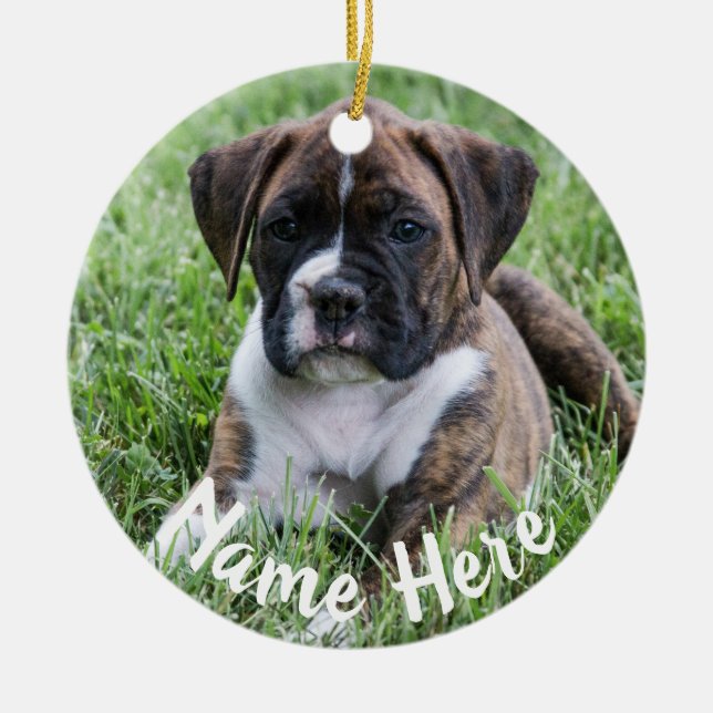 Brindle Boxer-Welpen-Weihnachtsverzierung Keramik Ornament (Vorne)