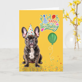 Brindle French Bulldog Party Hat Yellow Birthday Karte