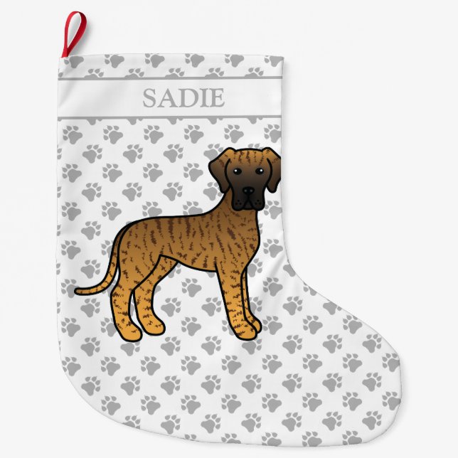 Brindle Great Dane Niedlich Cartoon Dog & Name Großer Weihnachtsstrumpf (Vorderseite)
