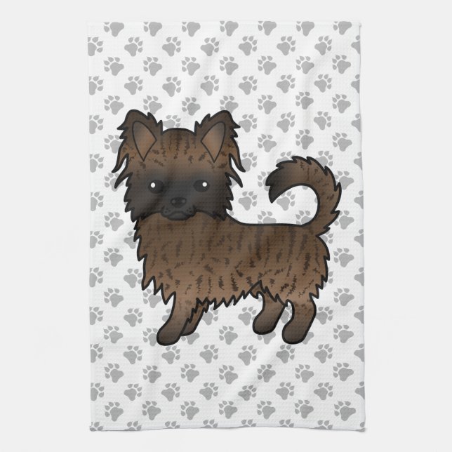 Brindle Long Coat Chihuahua Cartoon Dog & Paws Geschirrtuch (Vertikal)