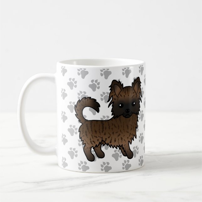 Brindle Long Coat Chihuahua Cartoon Dog & Paws Kaffeetasse (Links)