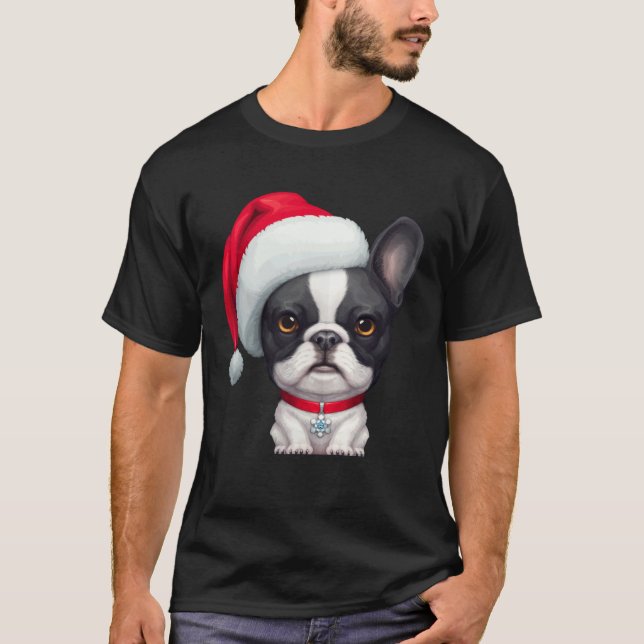 Brindle Pied French Bulldog in Santa Hat Christmas T-Shirt (Vorderseite)
