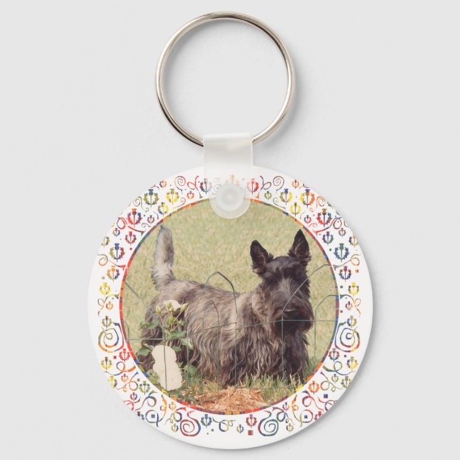 Brindle Scottish Terrier mit Rose Schlüsselanhänger (Vorderseite)
