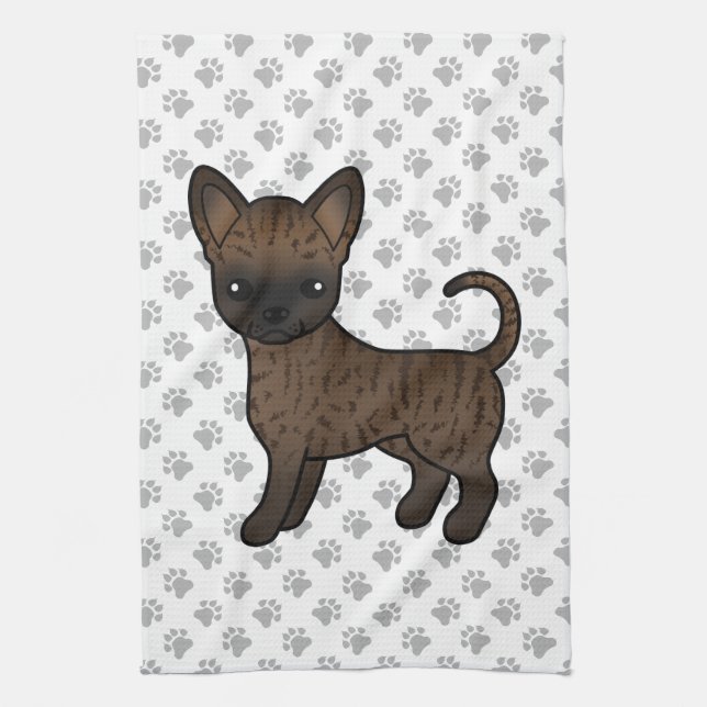 Brindle Smooth Coat Chihuahua Cartoon Dog & Paws Geschirrtuch (Vertikal)