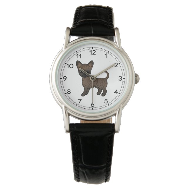 Brindle Smooth Coat Chihuahua Niedlicher Cartoon D Armbanduhr (Vorderseite)