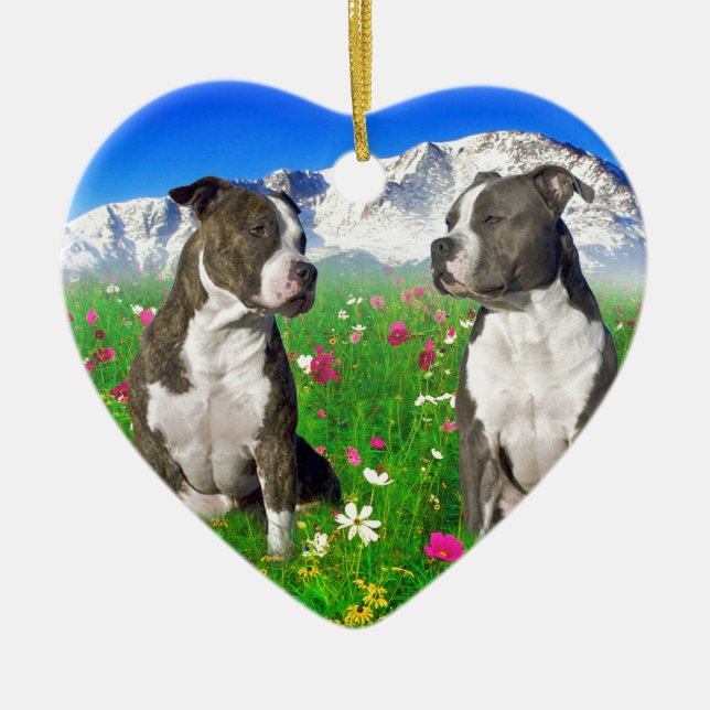 Brindle u. blaue Staffordshire- u. Pitbull-Hunde Keramik Ornament (Vorne)