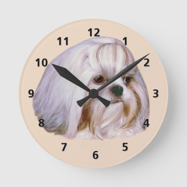 Brindle und White Shih Tzu Dog Runde Wanduhr (Vorderseite)