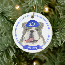 Brindle & White English Bulldog Hanukkah Keramik Ornament