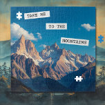Bring mich in die Berge Puzzle<br><div class="desc">Hübsche Aussicht auf eine Bergkette mit prächtigem blauen Himmel und inspirierendem Zitat.</div>