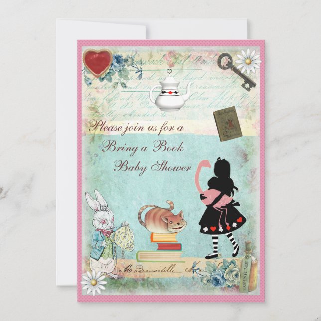 Bringen Sie ein Buch Alice & Pink Flamingo Baby Du Einladung (Vorderseite)