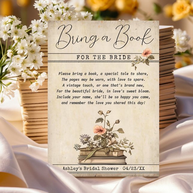 Bringen Sie ein Buch für die Bride Brautparty Beil Einladung (Vintage Bring a Book for the Bride watercolor floral library card literary bridal shower insert card)