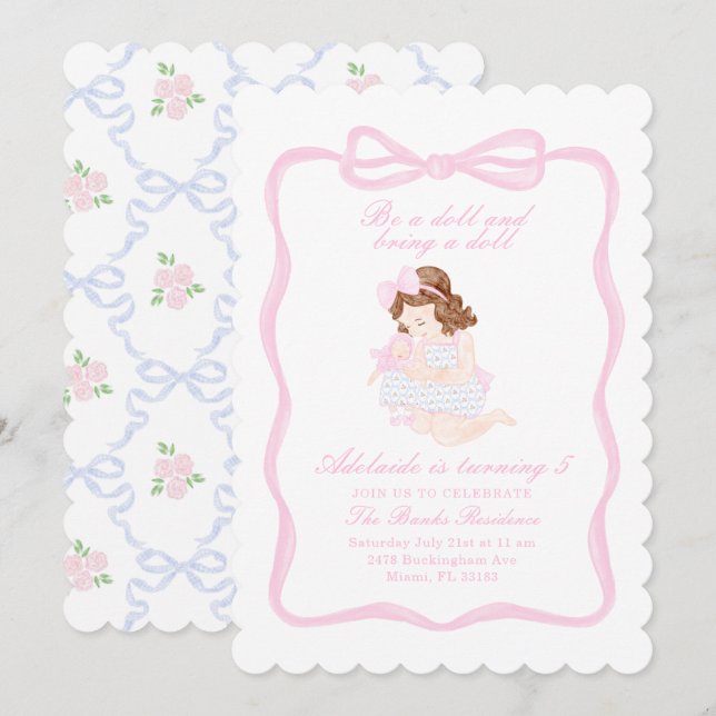 Bringen Sie eine Puppe Geburtstag Preppy Grandmill Einladung (Vorne/Hinten)