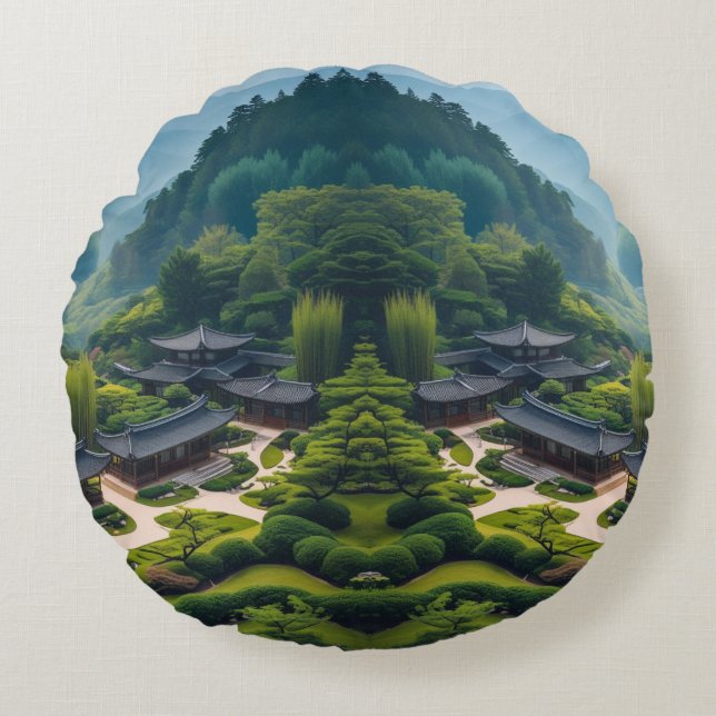 "Bringen Sie eine ruhige Zuhause - Die traditionel Rundes Kissen (Vorderseite)