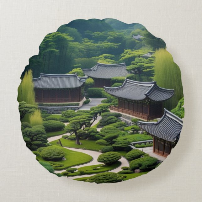 "Bringen Sie eine ruhige Zuhause - Die traditionel Rundes Kissen (Vorderseite)